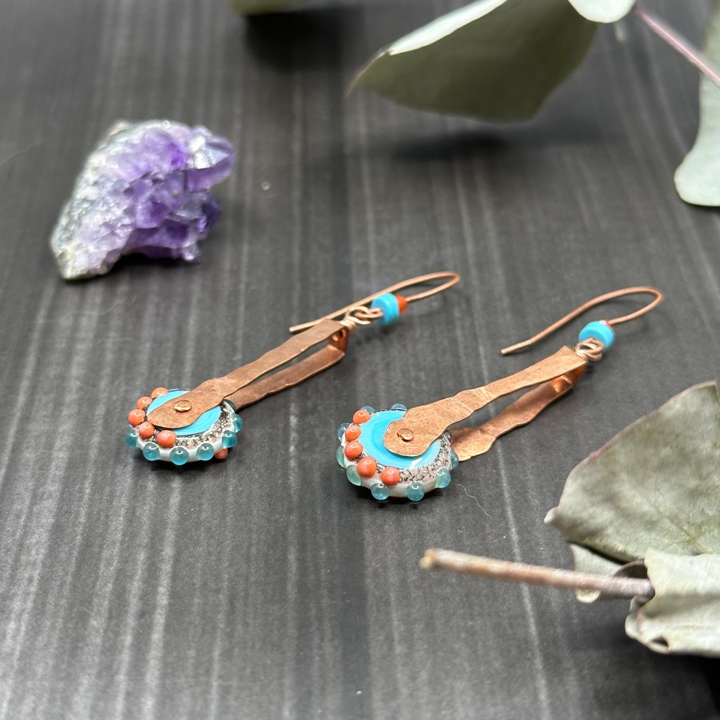 Copper lampwork Turquoise and Agate Earrings