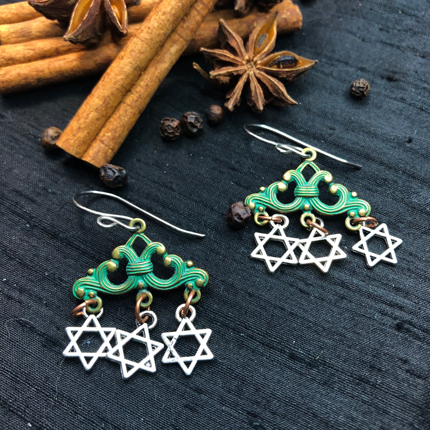 Funky Green and Silver Star of David earrings