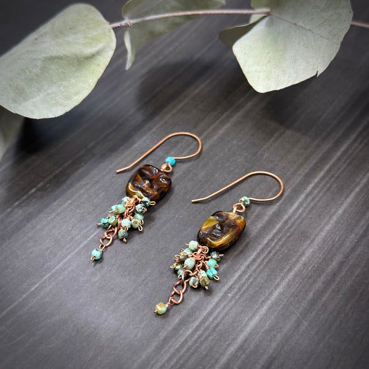 African Turquoise Jasper and Moody Face Cluster Earrings