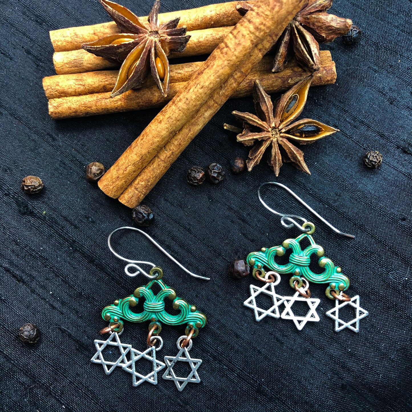 Funky Green and Silver Star of David earrings