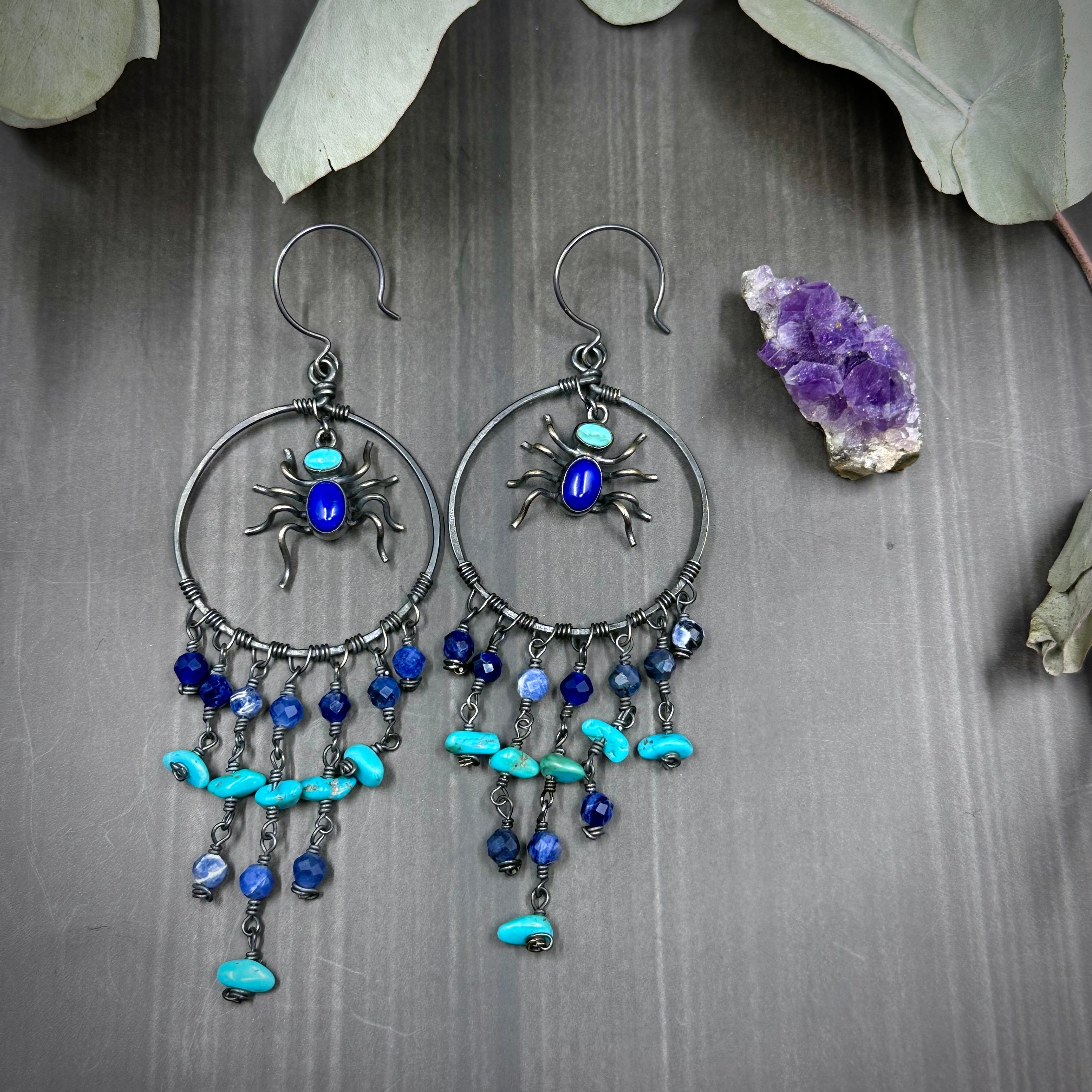 Lapis, Sodalite, and Turquoise Sterling silver Dangle Earrings