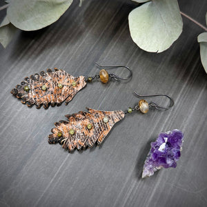 Agate and Green Garnet Leather Feather Earrings