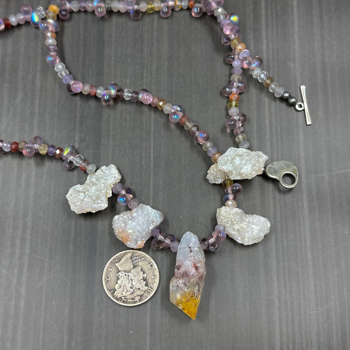 Druzy, Citrine, Cacoxenite, and Czech Glass Necklace