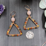 Load image into Gallery viewer, Triangle hoop earrings with Mixed Quartz and Peach Moonstone
