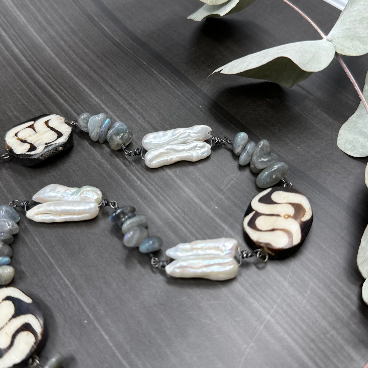 Bone, Labradorite, and Pearl Sterling Silver Necklace