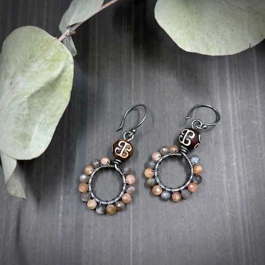 Tibetan Agate and Mixed Moonstone Hoops