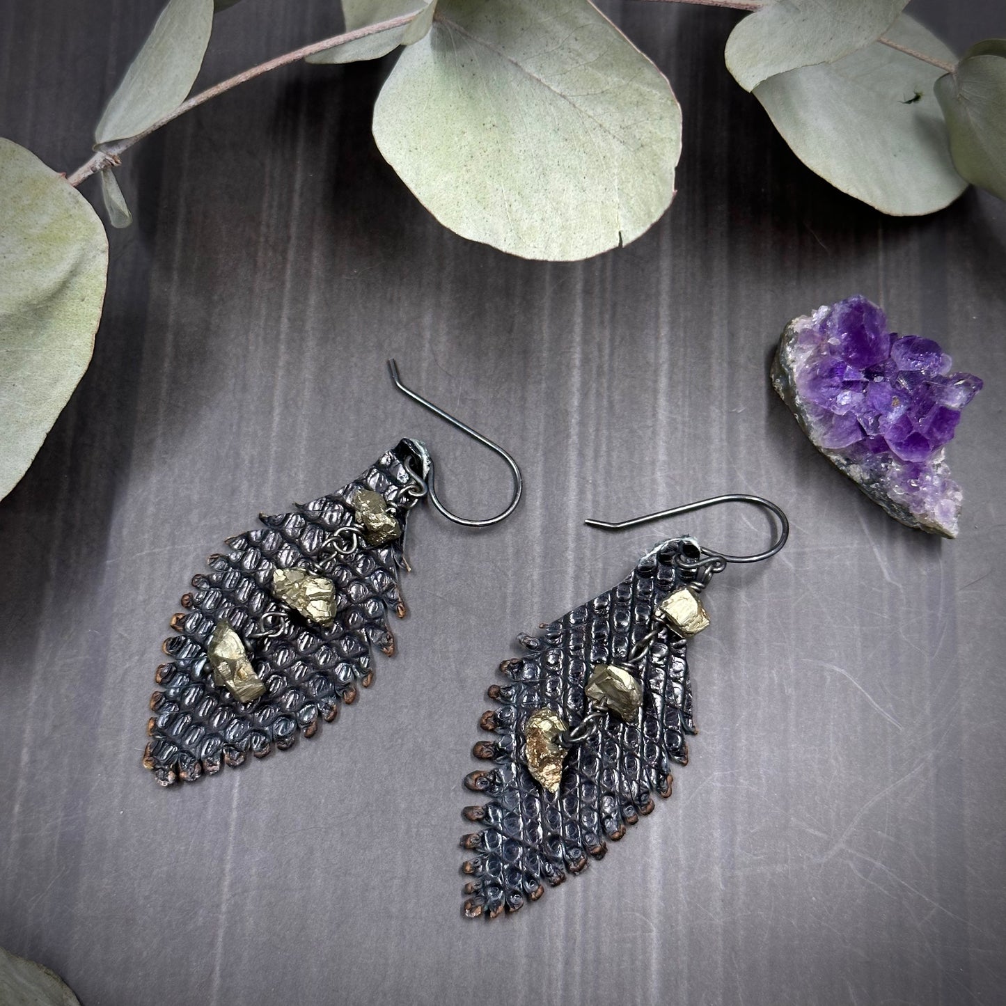 Leather feather and Pyrite Earrings