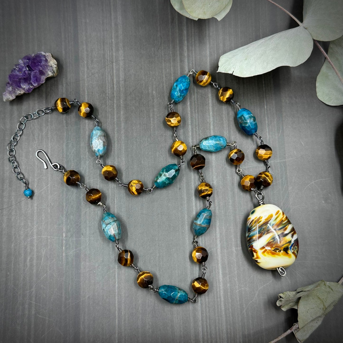 Tiger Eye, Apatite, Artisan Glass, and Sterling Silver Necklace