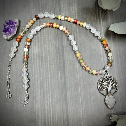Tree of Life Sterling Silver Quartz and Jade Necklace