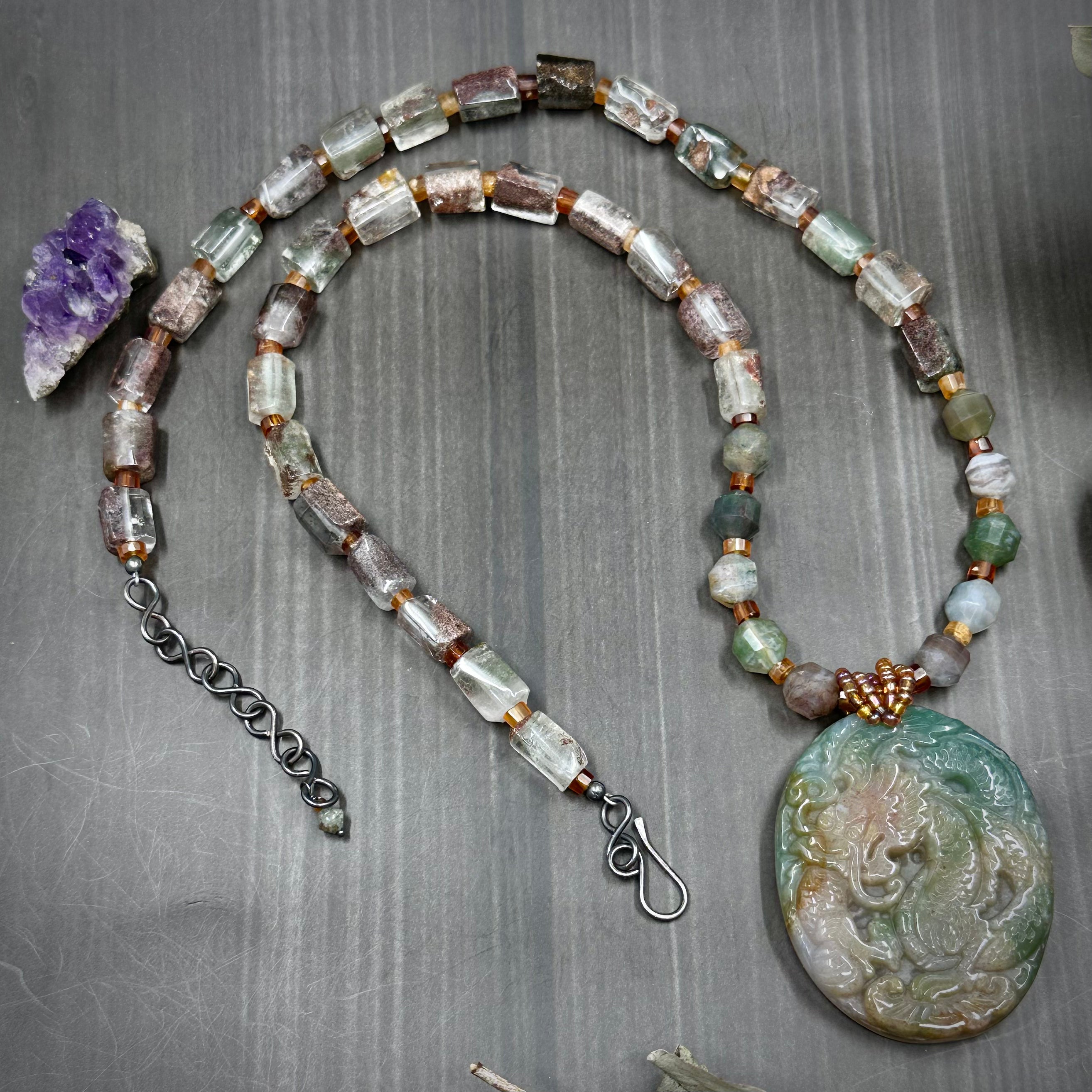 Indian Agate, Lodalite, and Garnet Dragon Statement Necklace