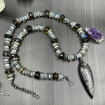 Load image into Gallery viewer, Fossil, Labradorite, Rainbow Moonstone, and Smoky Quartz Necklace
