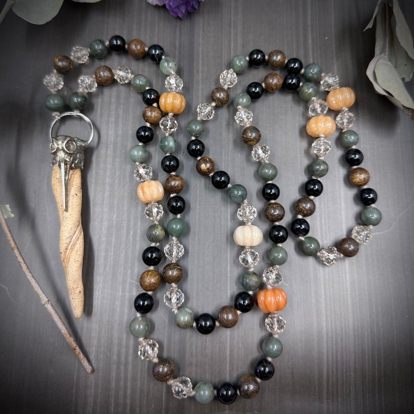 Long Knotted Faux Antler Necklace with Bronzite, Onyx, Glass, and Jade