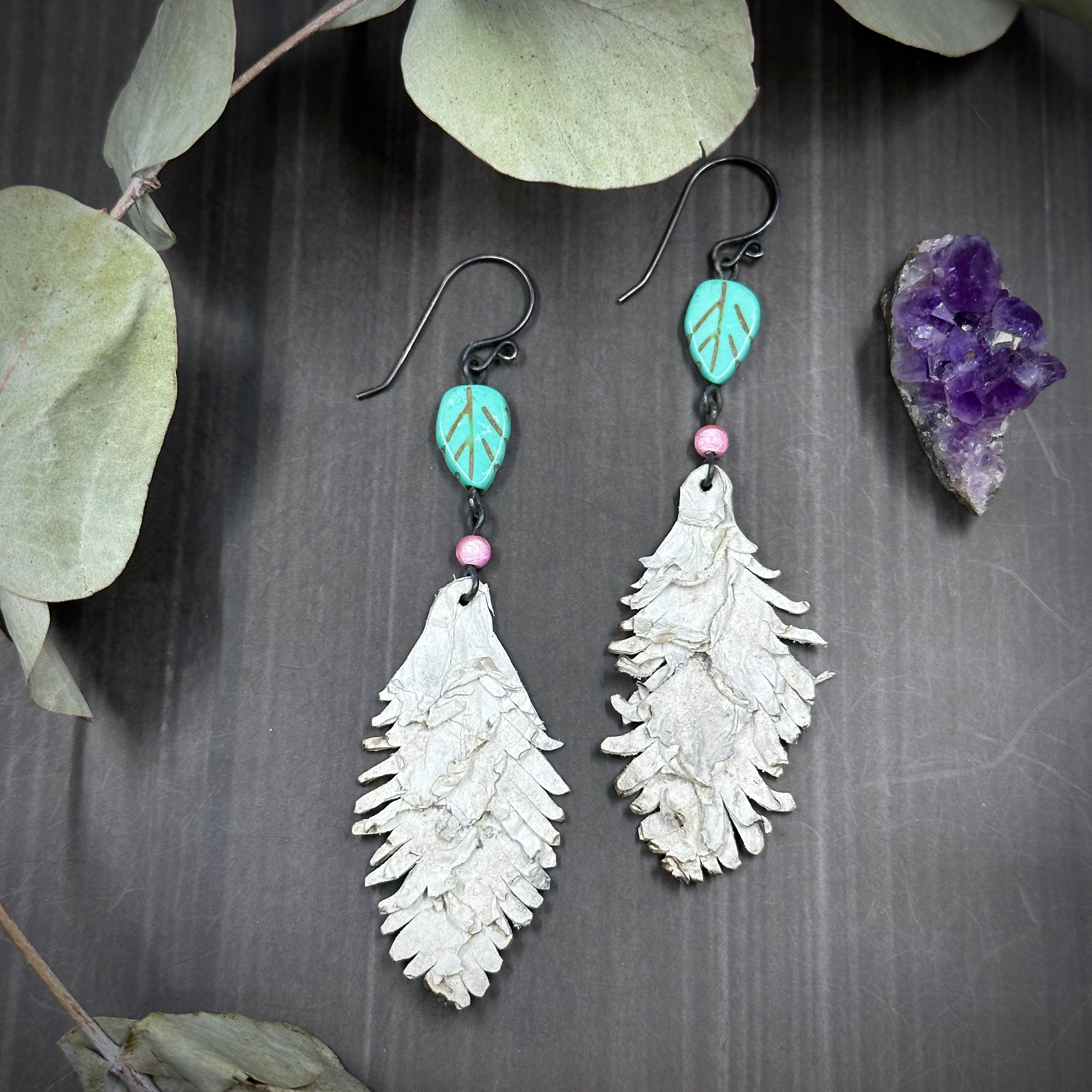 Howlite and Glass Pearl White Leather Feather Earrings