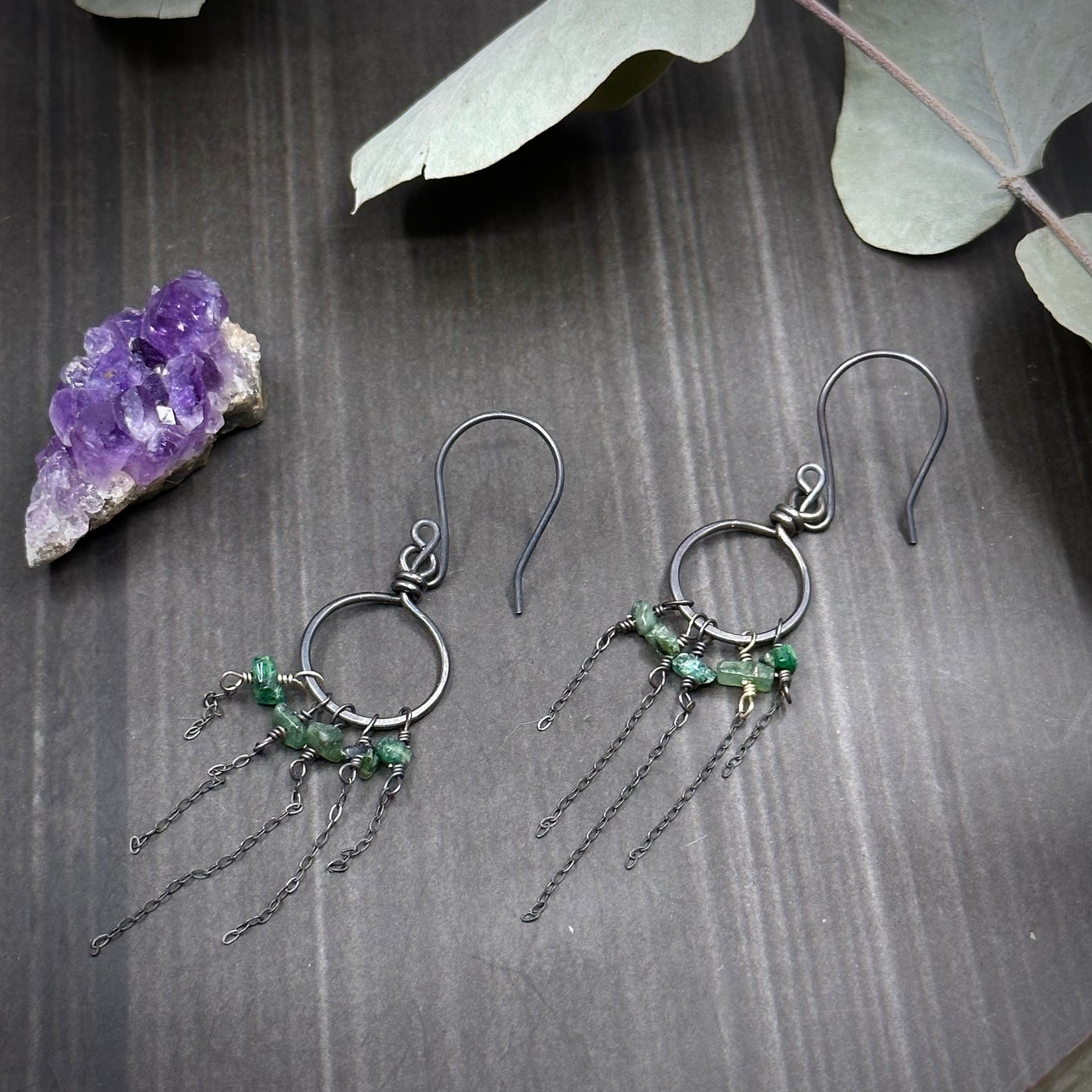 Emerald and Sterling Silver Hoop Earrings