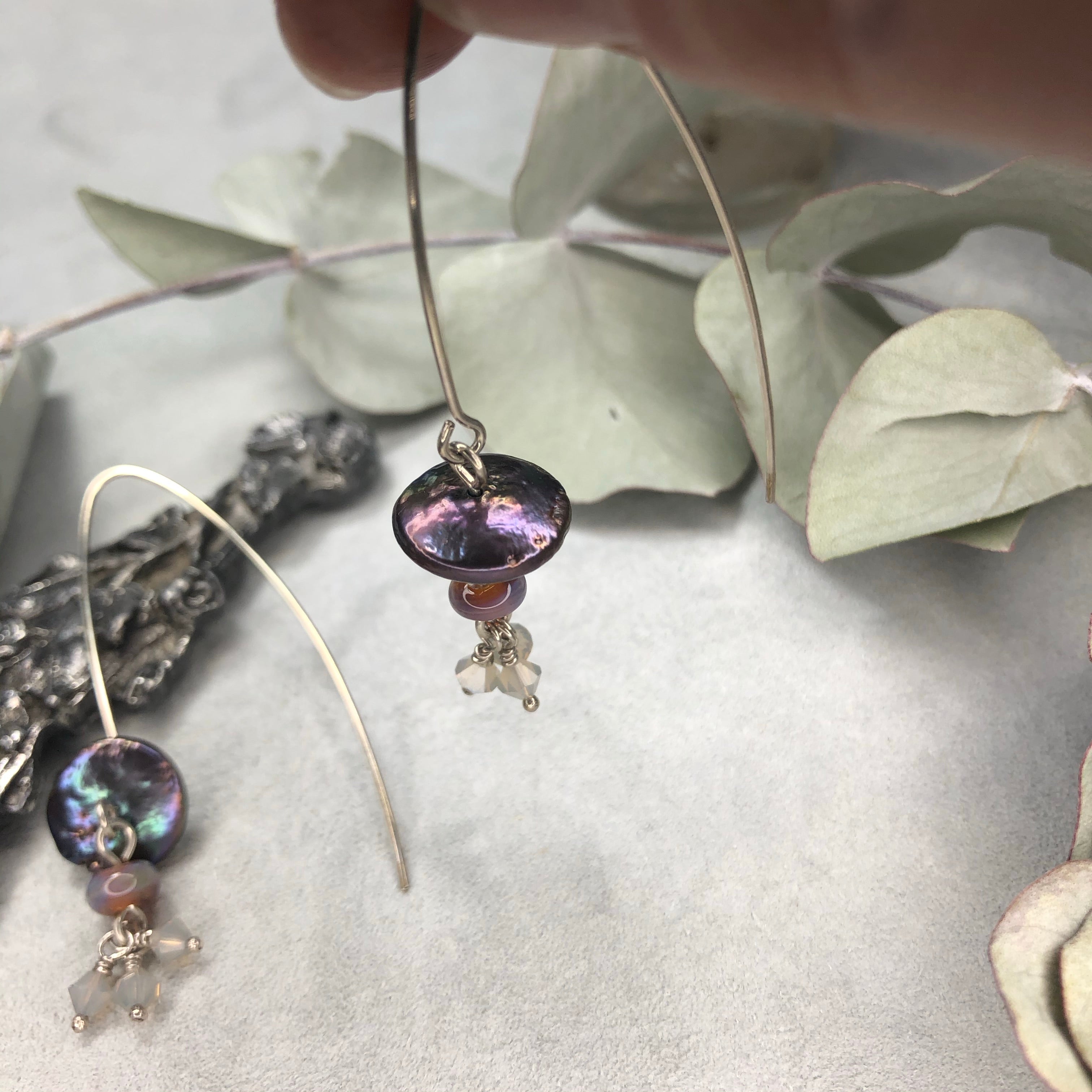 Sterling Silver drop earrings with pearls, Swarovski, and artisan glass