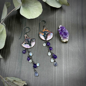 Amethyst, Iolite, and Moonstone Enamel Earrings with Sterling Silver