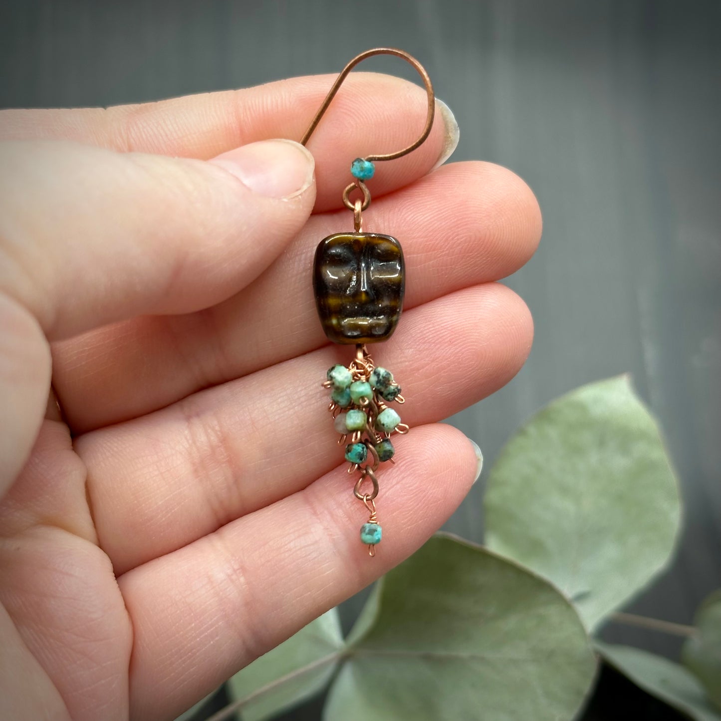 African Turquoise Jasper and Moody Face Cluster Earrings