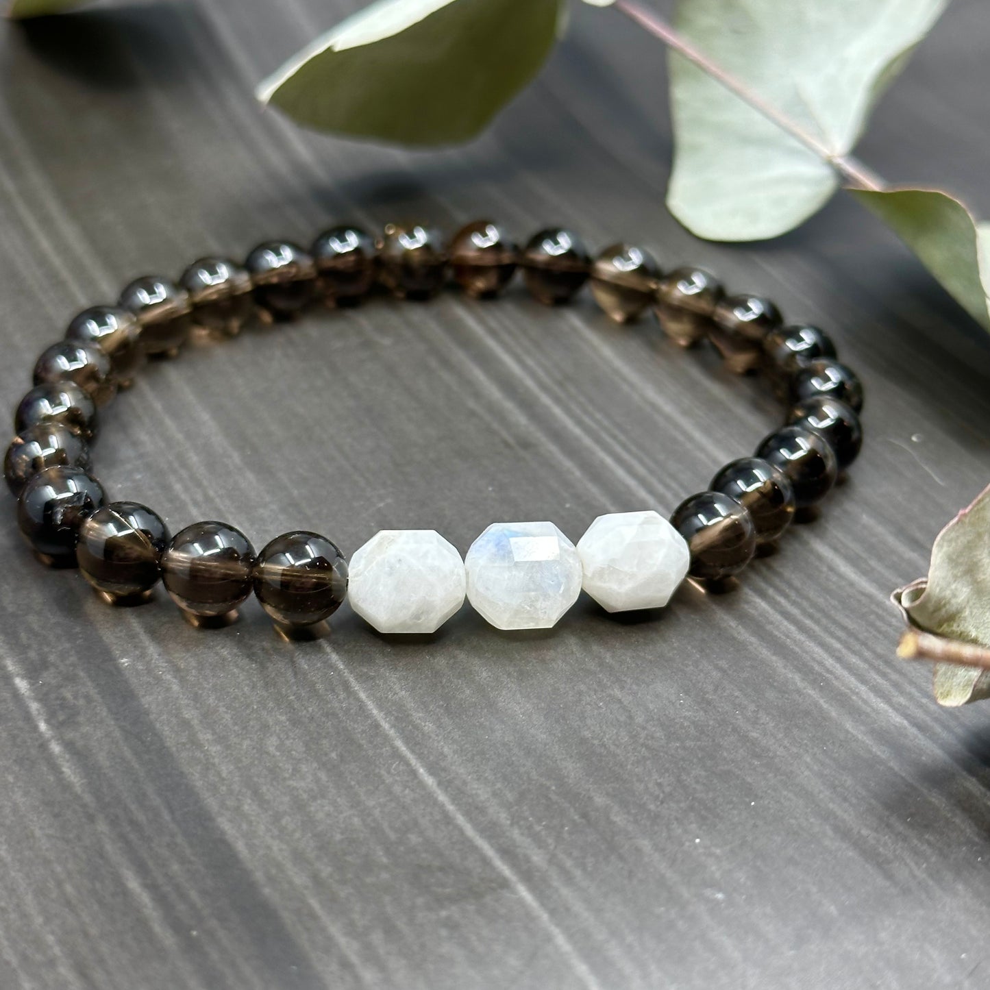 8" Rainbow Moonstone and Smoky Quartz Stretch Bracelet