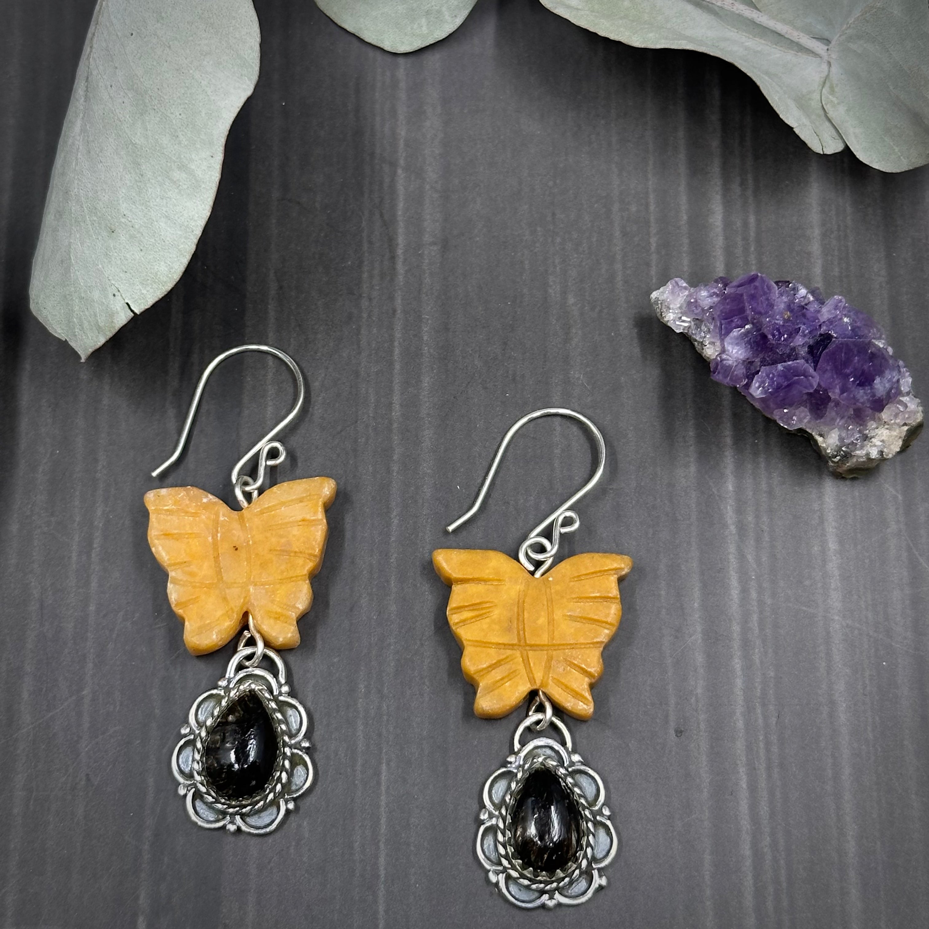 Yellow Jade and Andalusite Sterling Silver Butterfly Earrings