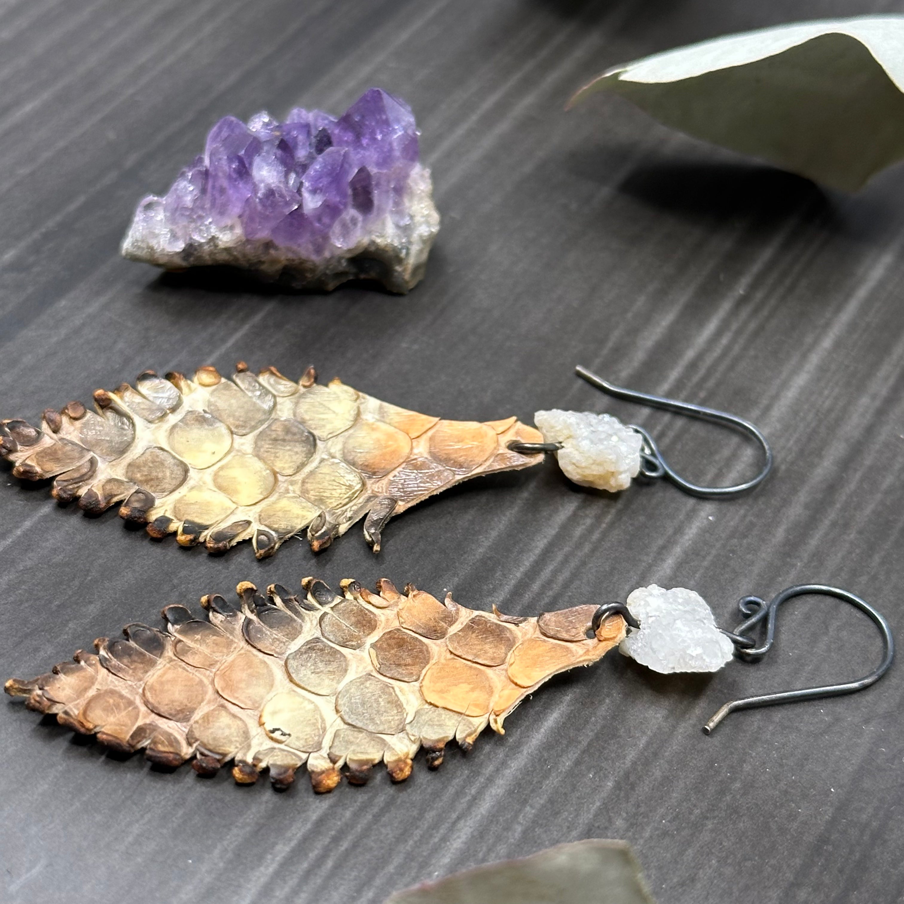 Leather Feather and Drusy Quartz Earrings