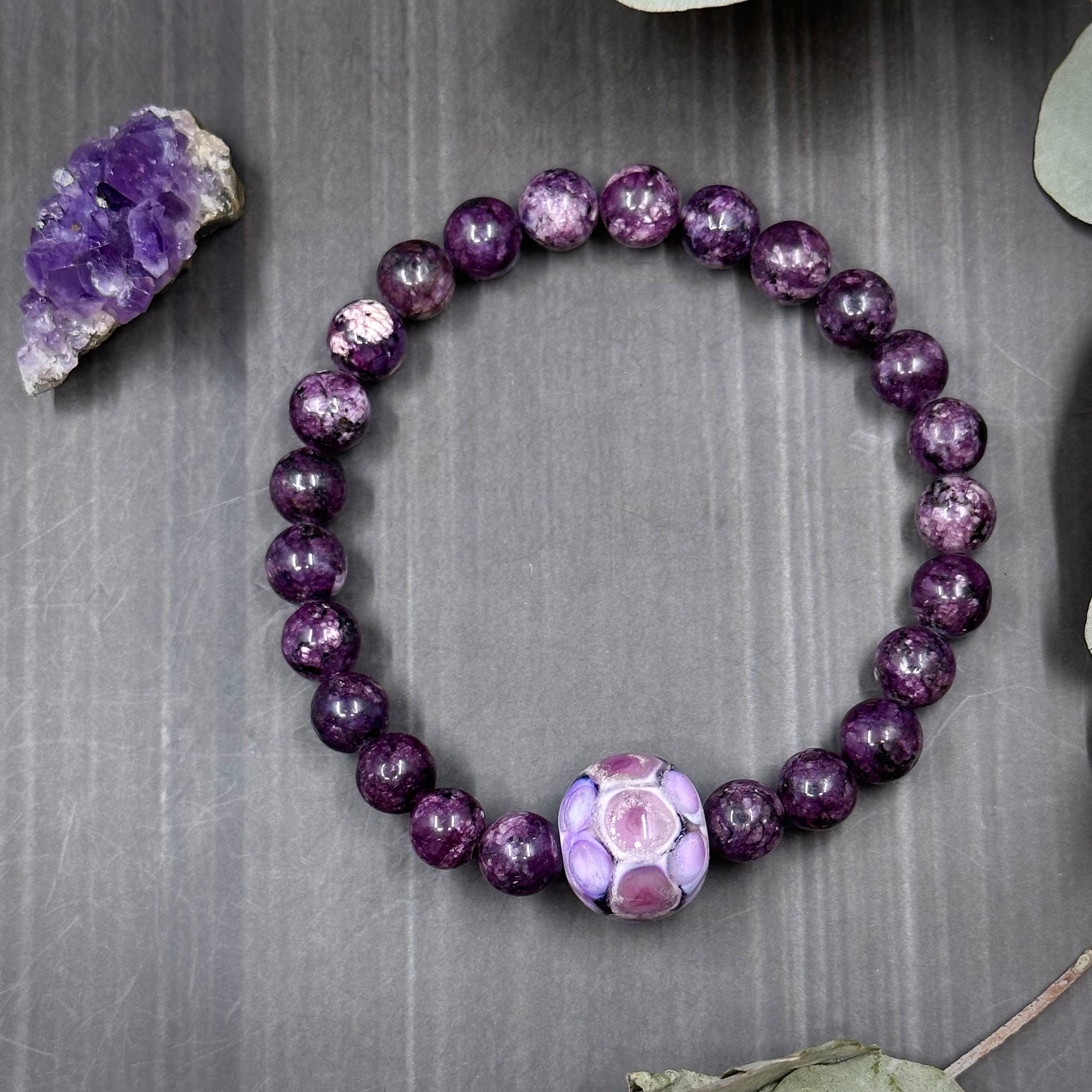 7" Stretch Bracelet with Lepidolite and Artisan Glass