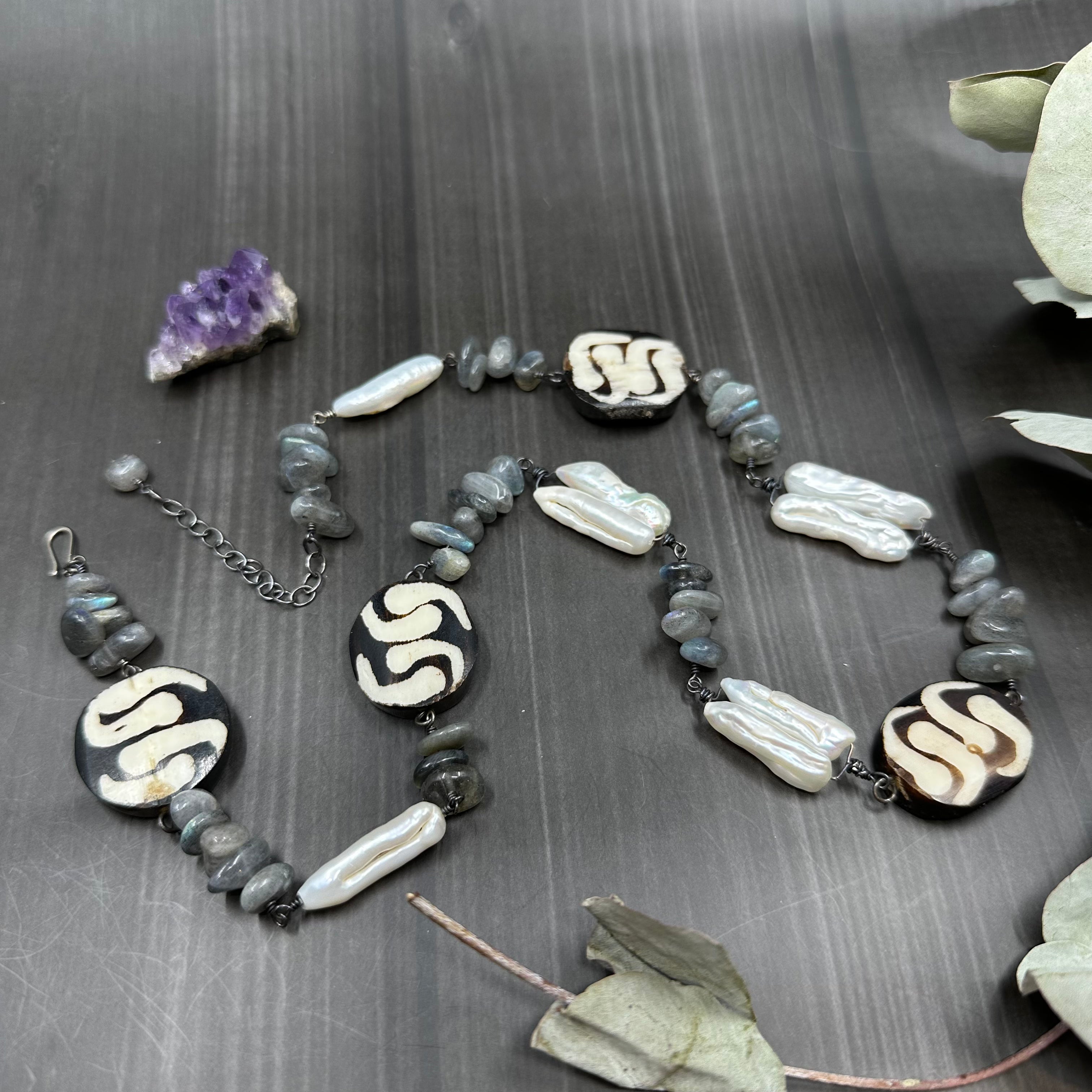 Bone, Labradorite, and Pearl Sterling Silver Necklace
