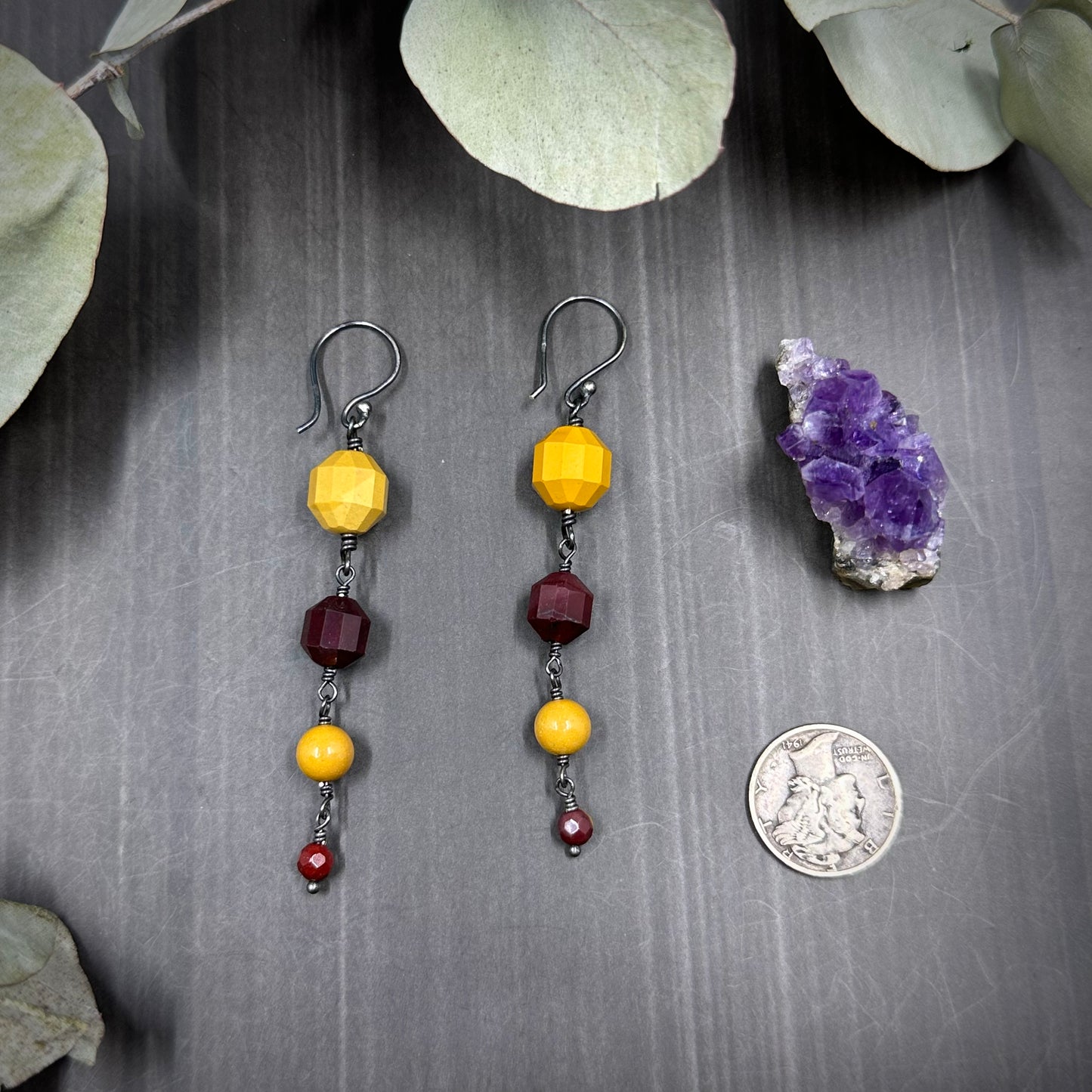 Yellow and Burgundy Mookaite Earrings