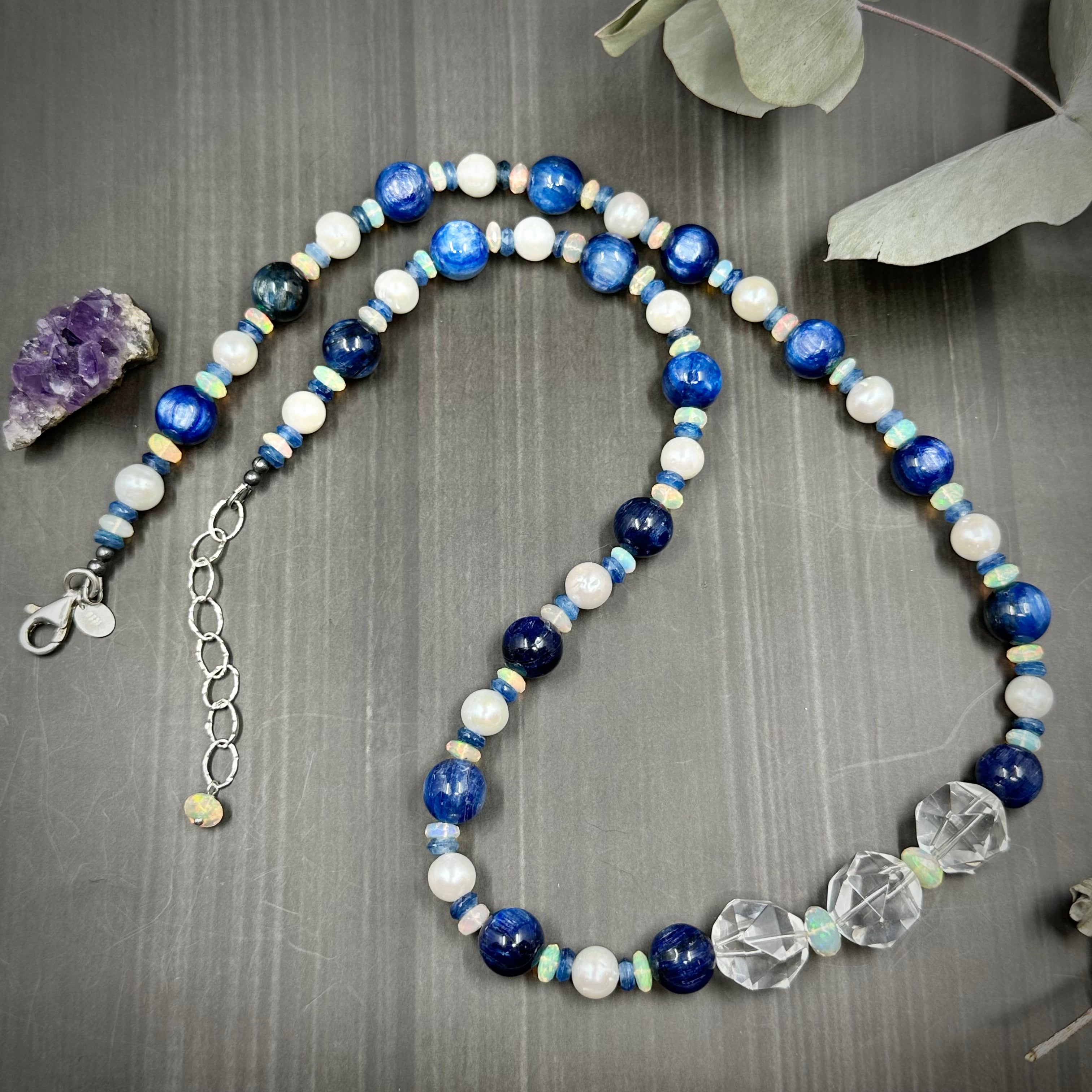 Luxurious AAA Kyanite, Ethiopian Faceted Opals, and Pearls necklace