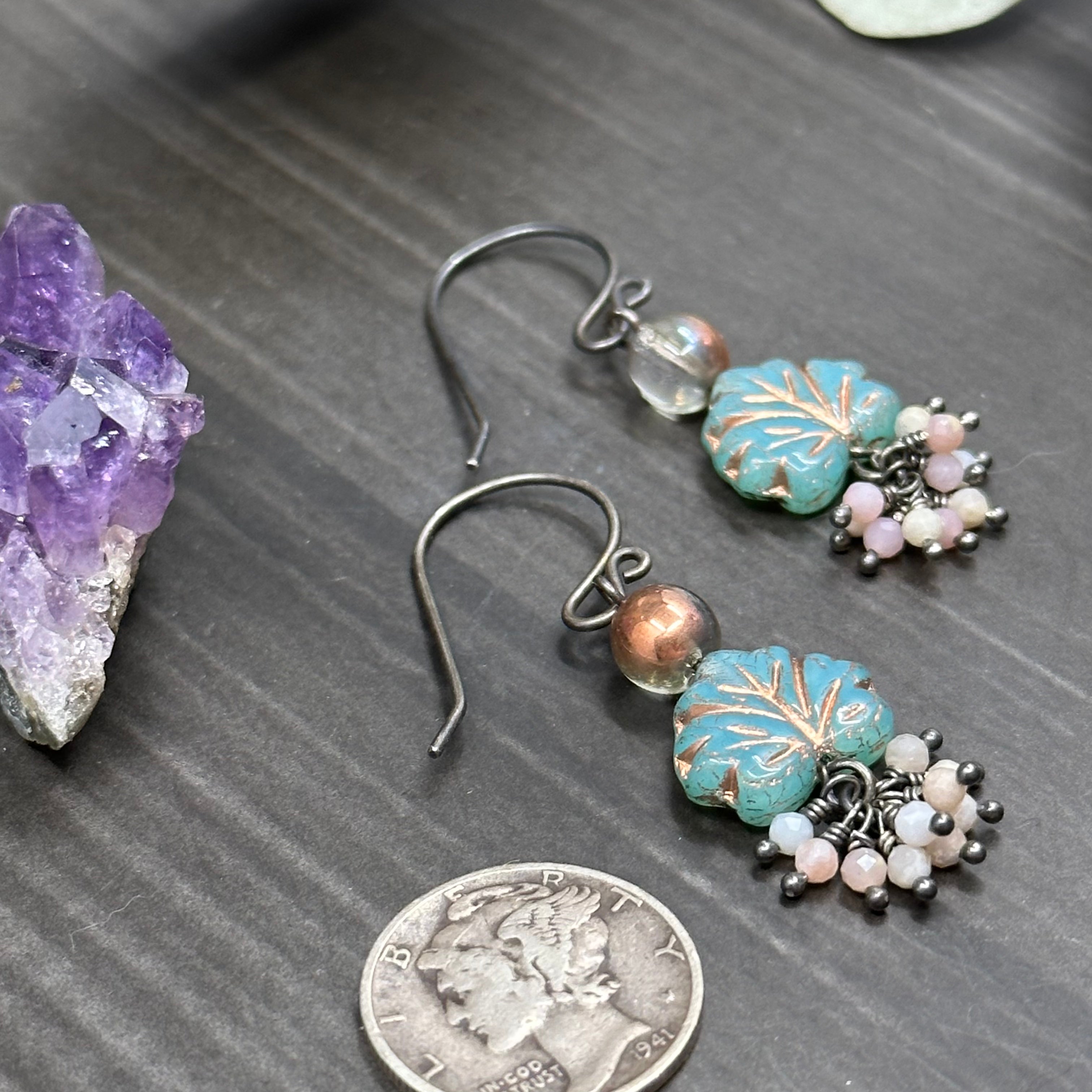 Pink opal and Czech Glass Earrings