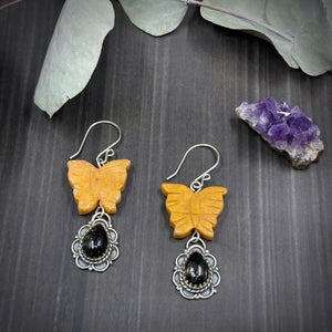 Yellow Jade and Andalusite Sterling Silver Butterfly Earrings