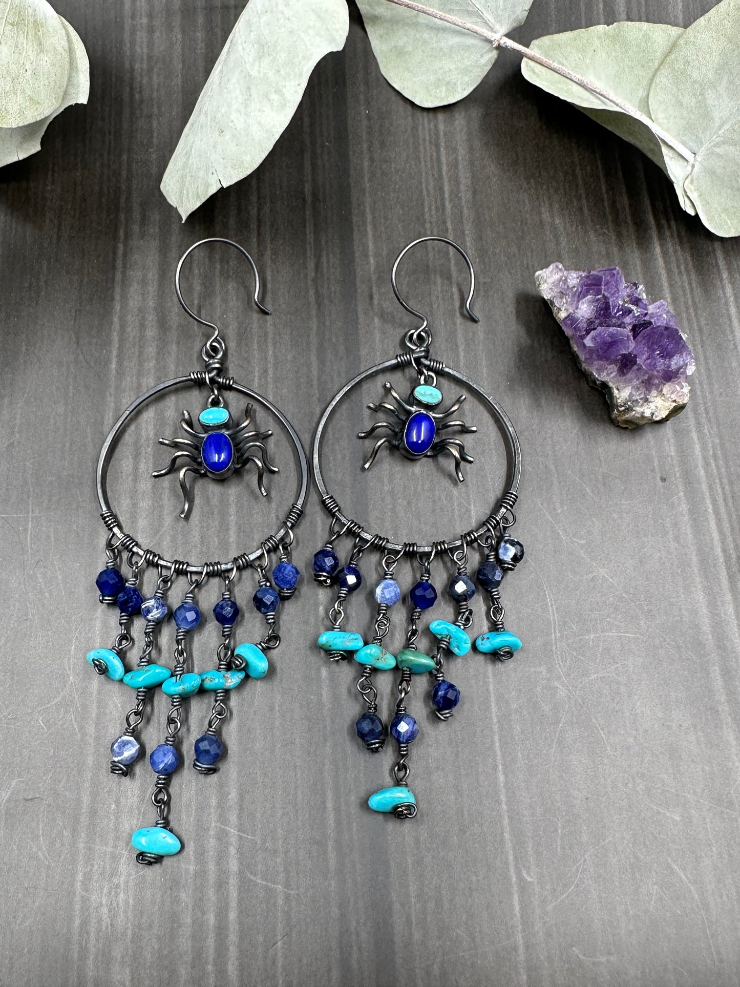 Lapis, Sodalite, and Turquoise Sterling silver Dangle Earrings