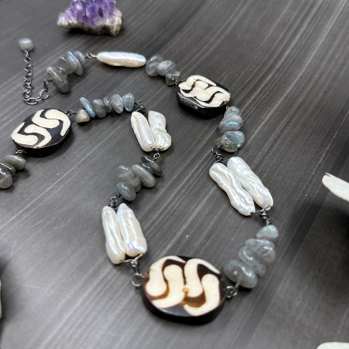 Bone, Labradorite, and Pearl Sterling Silver Necklace