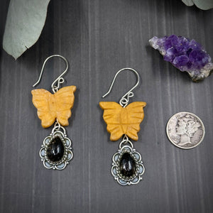 Yellow Jade and Andalusite Sterling Silver Butterfly Earrings