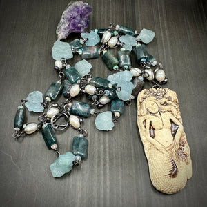 Apatite, Opal, Pearl, Aquamarine, and Ceramic Necklace