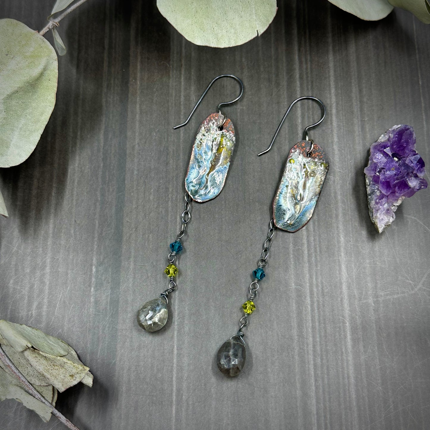 Artisan enamel, crystal, labradorite, and sterling silver earrings