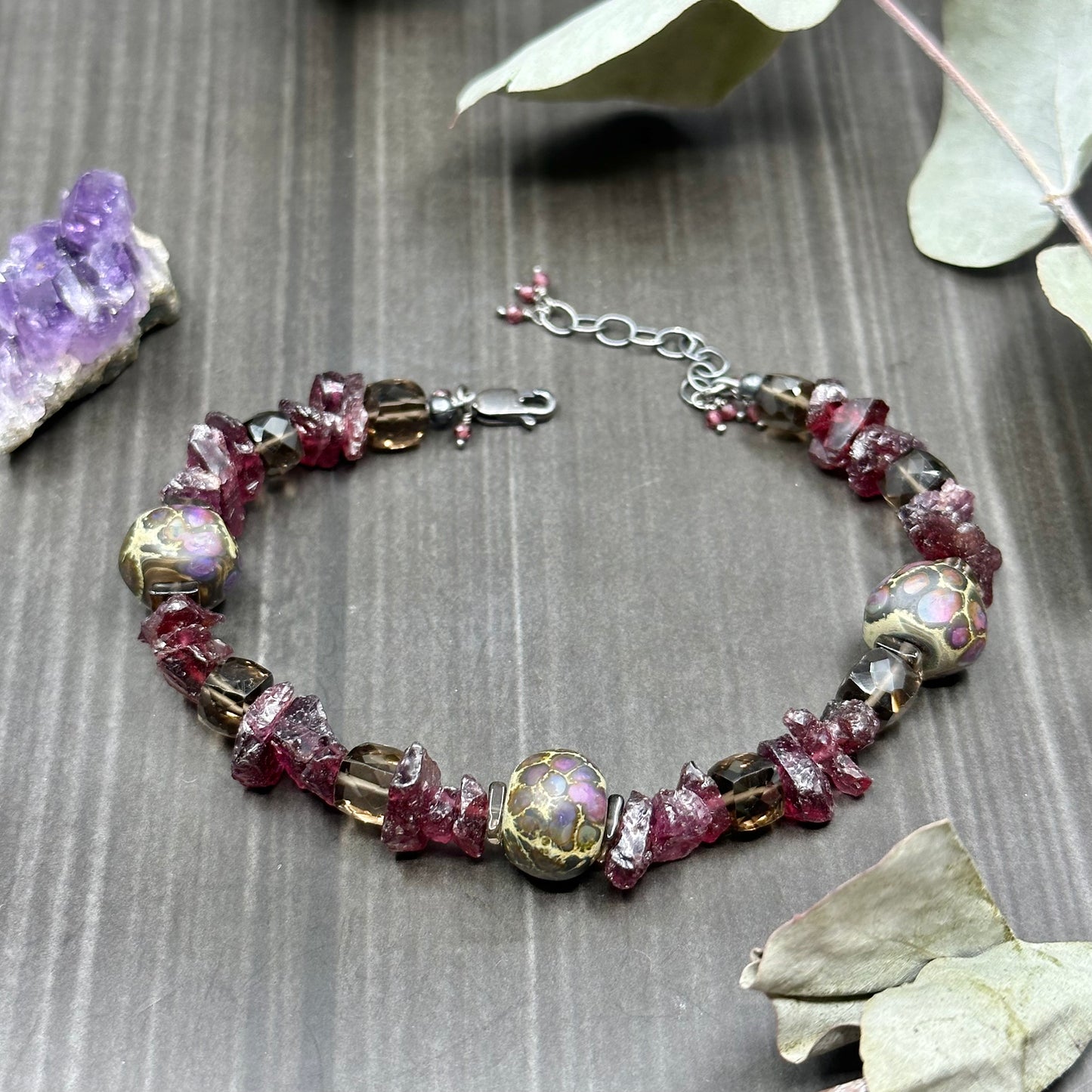 Garnet, Artisan Glass, and Smokey Quartz Bracelet