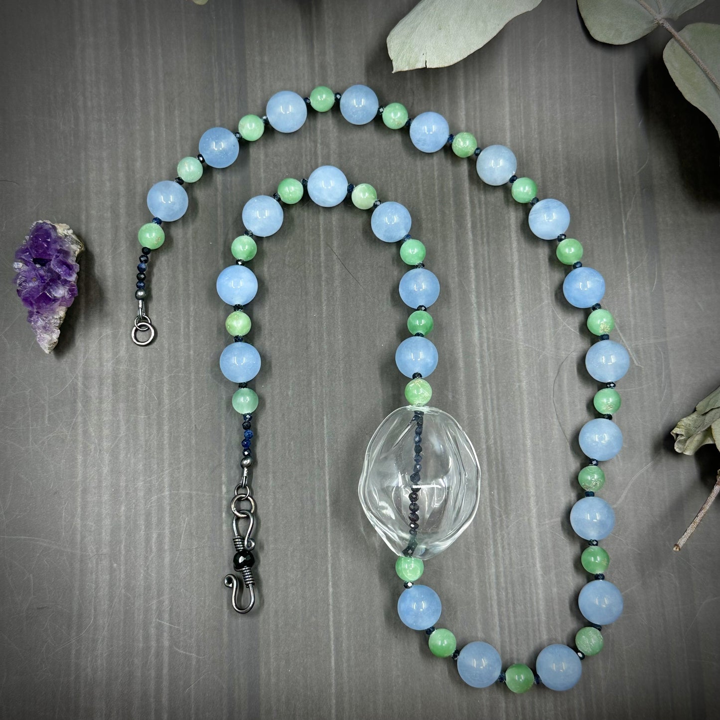 Artisan Glass, Sapphire, Onyx, Aventurine, and Sterling Silver Necklace