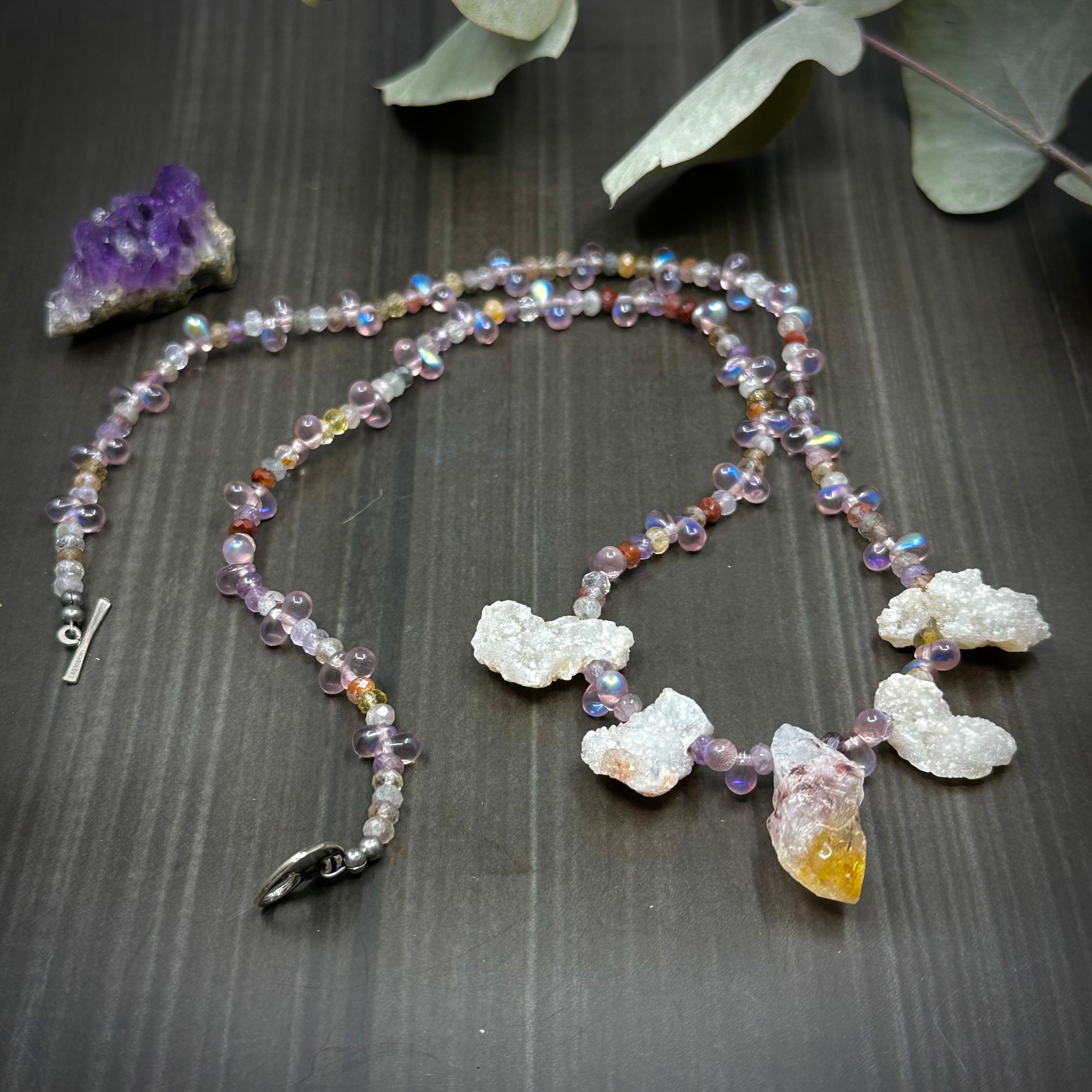Druzy, Citrine, Cacoxenite, and Czech Glass Necklace
