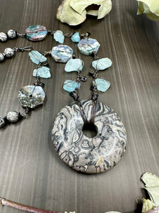 Raw Aquamarine, Ocean Jasper, Scenery Jasper, and Black Spinel Necklace