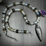 Load image into Gallery viewer, Fossil, Labradorite, Rainbow Moonstone, and Smoky Quartz Necklace
