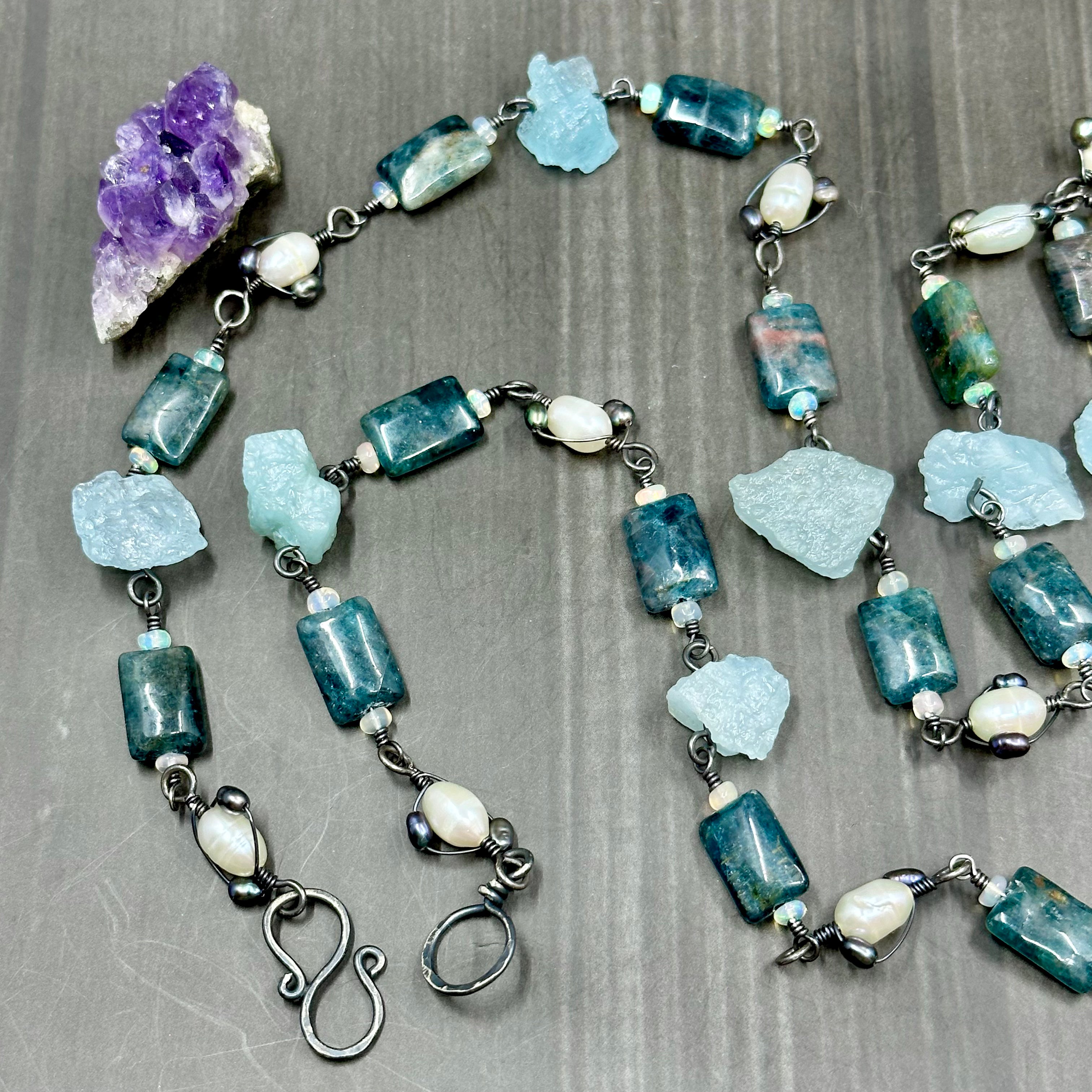 Apatite, Opal, Pearl, Aquamarine, and Ceramic Necklace