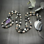 Load image into Gallery viewer, Peach, Black, and Gray Gemstone Mala Necklace
