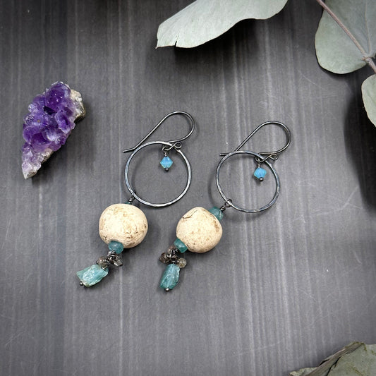 Apatite & Rutilated Quartz Moon Earrings