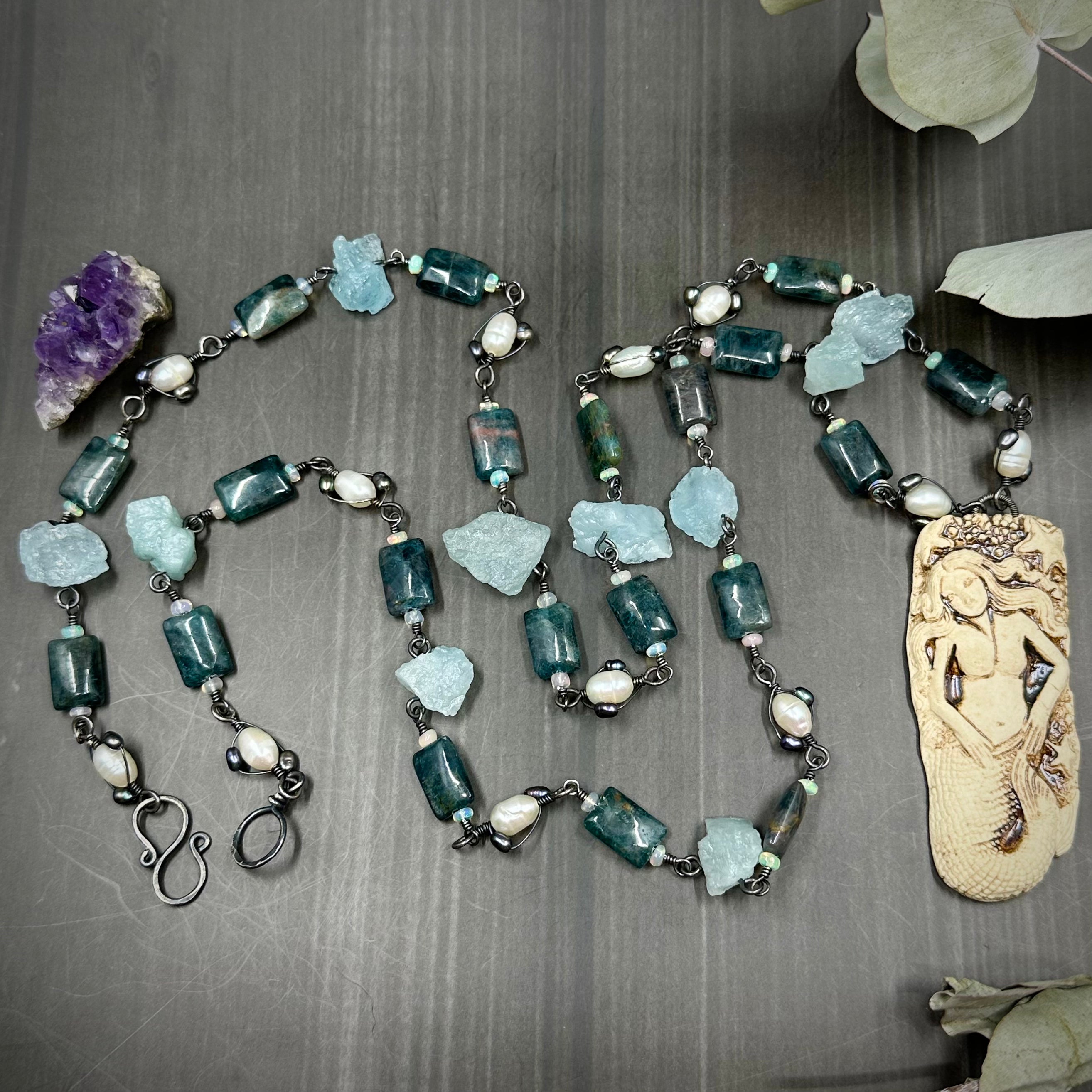 Apatite, Opal, Pearl, Aquamarine, and Ceramic Necklace