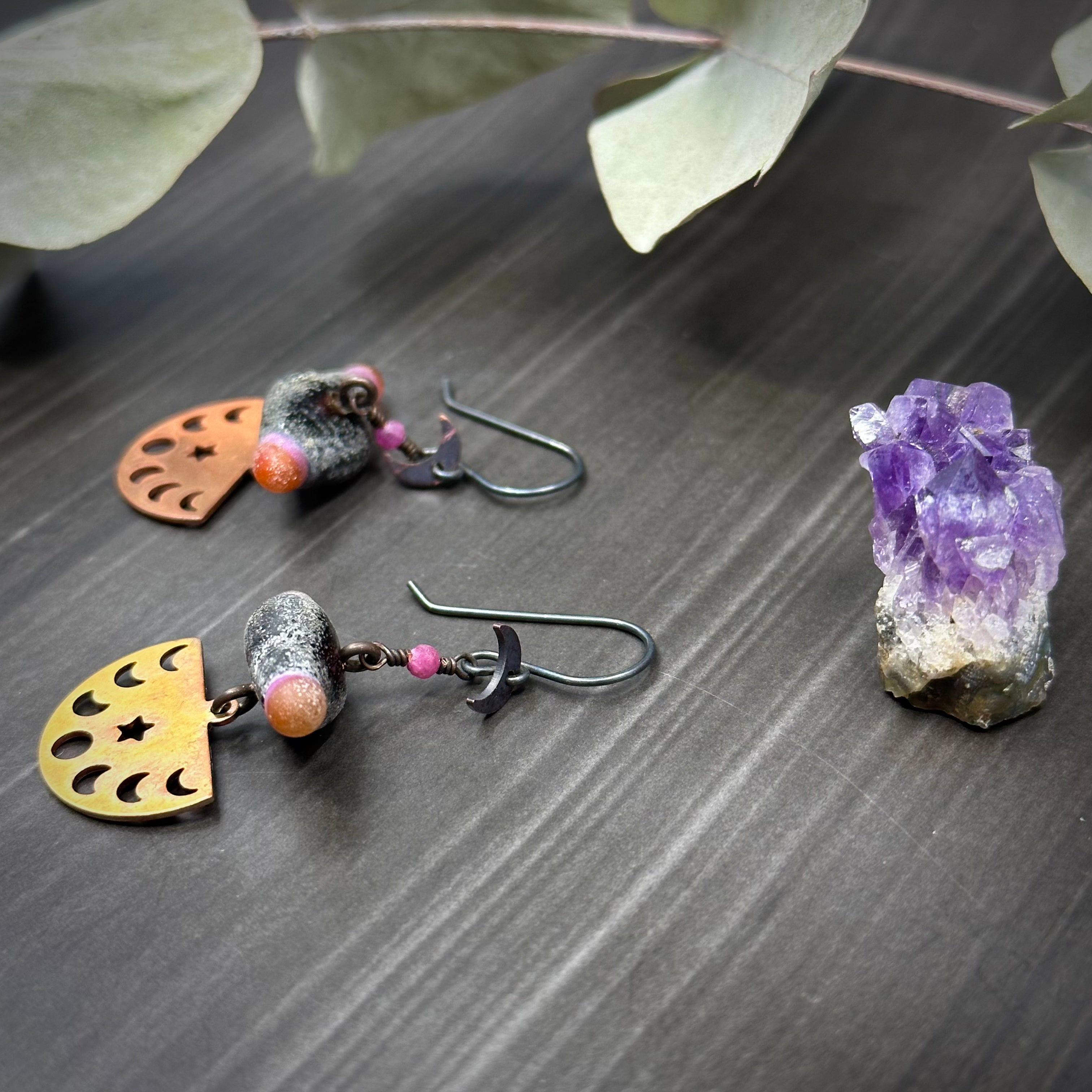 Copper Moon Phases and Artisan Glass Earrings