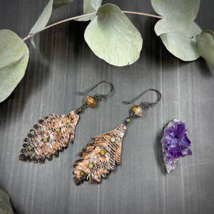 Agate and Green Garnet Leather Feather Earrings