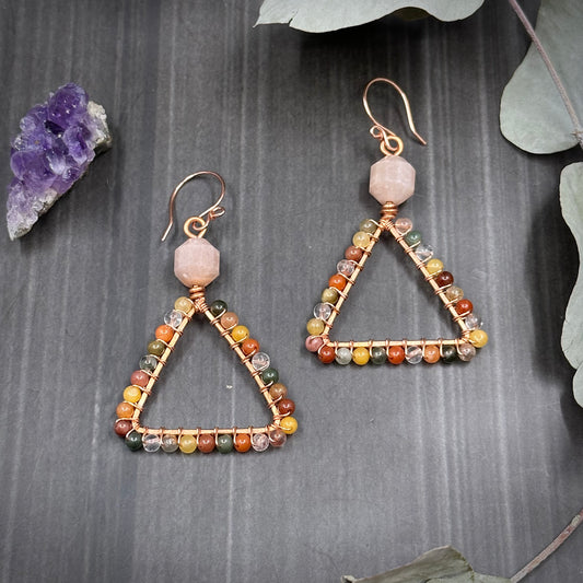 Triangle hoop earrings with Mixed Quartz and Peach Moonstone