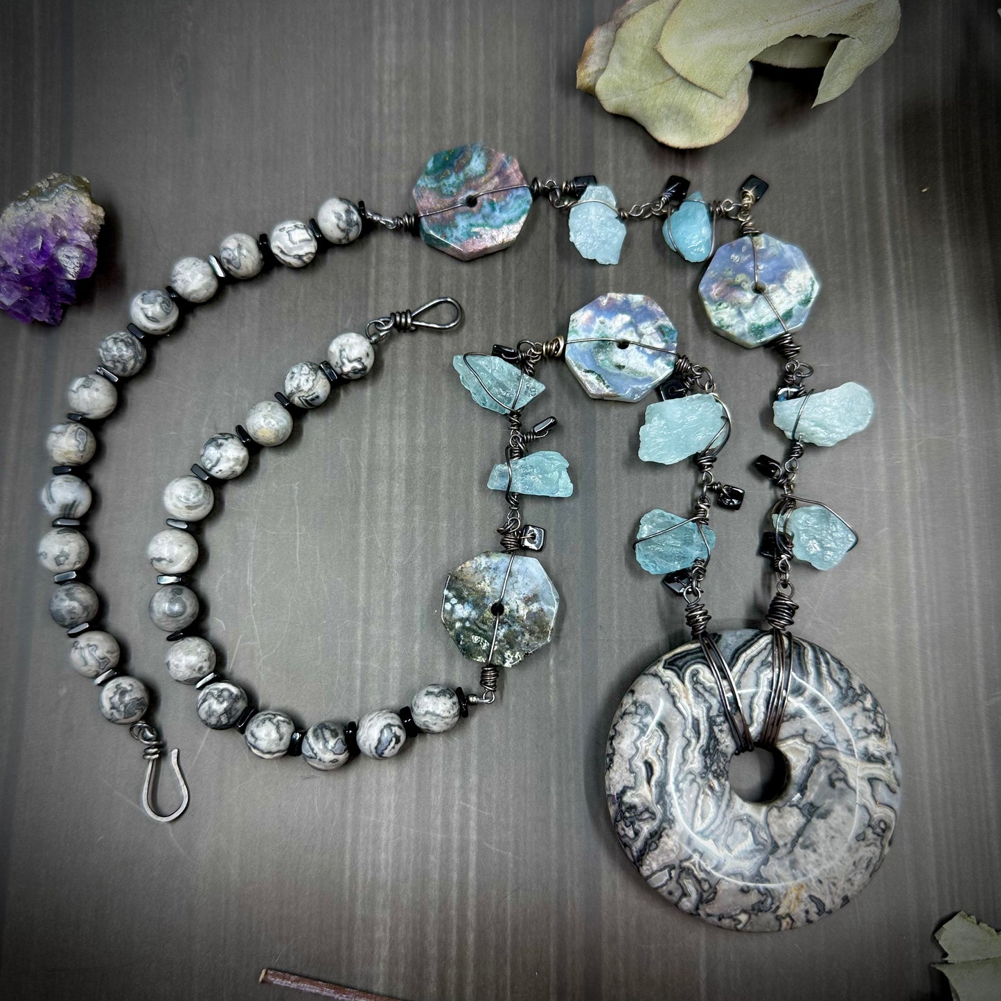 Raw Aquamarine, Ocean Jasper, Scenery Jasper, and Black Spinel Necklace