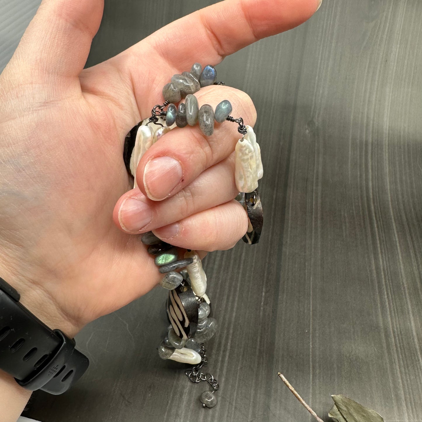 Bone, Labradorite, and Pearl Sterling Silver Necklace