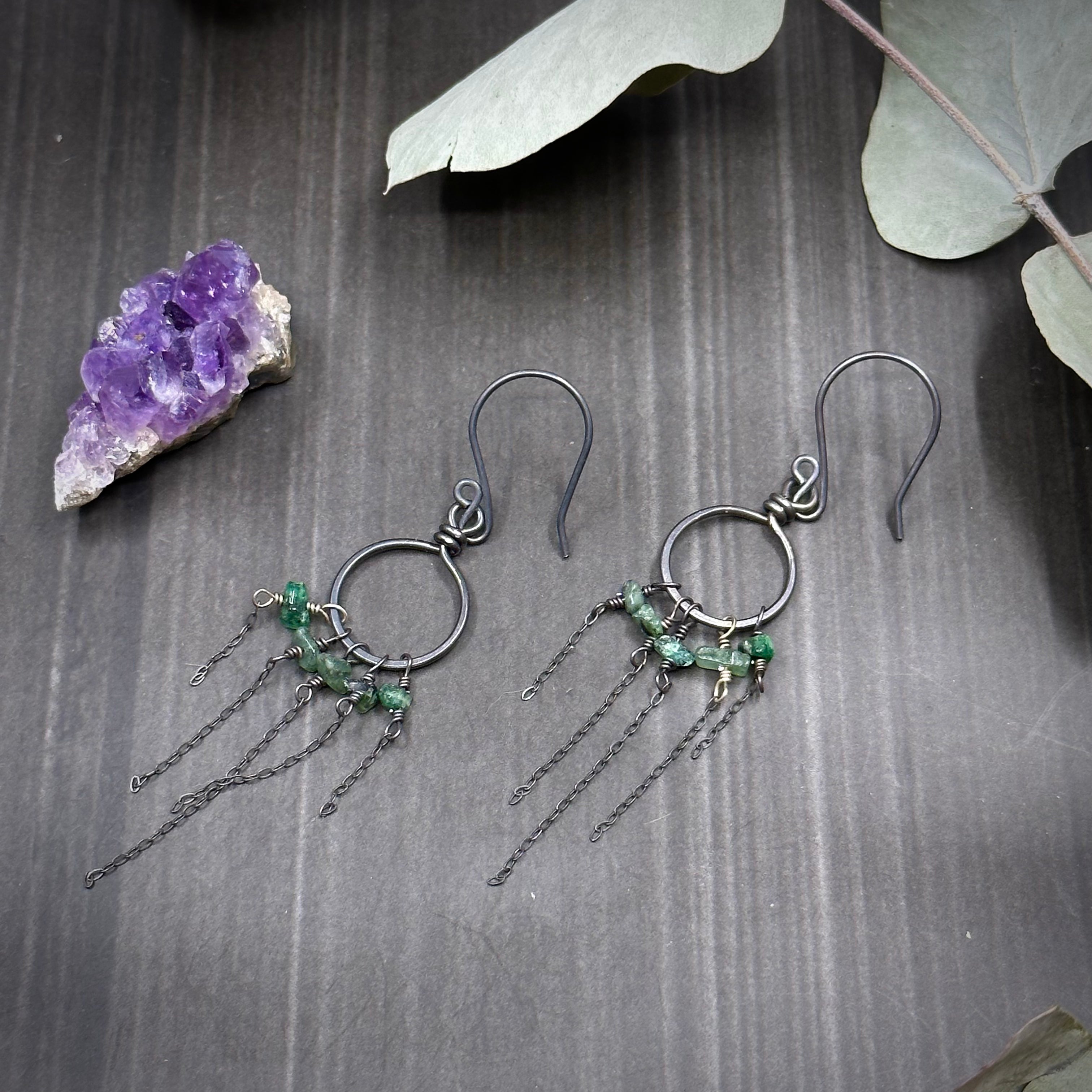 Emerald and Sterling Silver Hoop Earrings